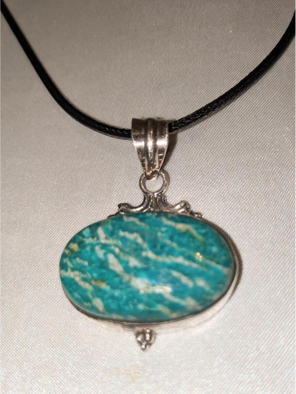 Vintage Siberian Amazonite 925 Sterling Silver Pendant Necklace Handmade NOS - Picture 2 of 7
